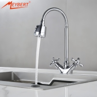 Robinet de cuisine moderne en argent électroplaqué à double poignée, rotation à 360 degrés, installation monotrou, cartouche céramique, usage hôtelier