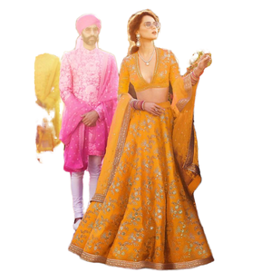Colección DE ROPA DE BODA bordada Lehenga Choli de satén amarillo hipnótico - Product Image 1