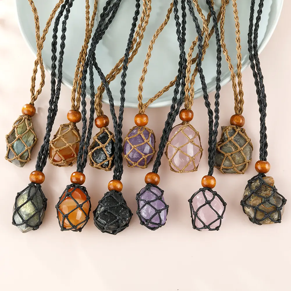Collier avec perles en lin de jute, pochette en filet de laine, pendentifs changables en pierre, naturelle, Cage, collier en cristal