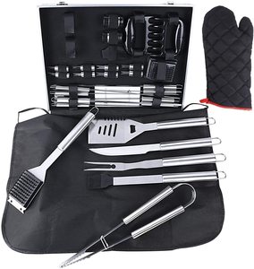 El juego de herramientas para parrilla de barbacoa de acero inoxidable incluye tenedor, espátula, cuchillo, pincho, cepillo de limpieza, caja de aluminio, pincho de maíz, pimentero - Product Image 6