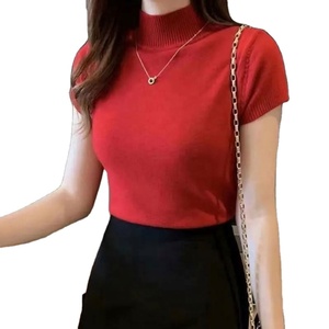 Women's Half-High Neck Short-Sleeved <b>Sweater</b> Bottoming <b>Shirt</b> With a Inside Thin Short Top - Product Image 1