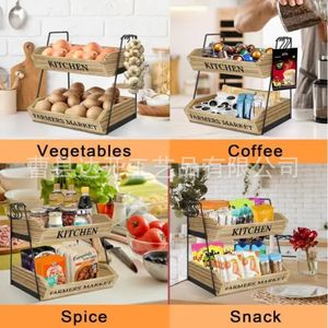 Wooden Double Layer Fruit Storage <b>Basket</b> With Handle Kitchen Vegetable Organizer Rectangle Multifunctional Stackable <b>Tray</b> - Product Image 4