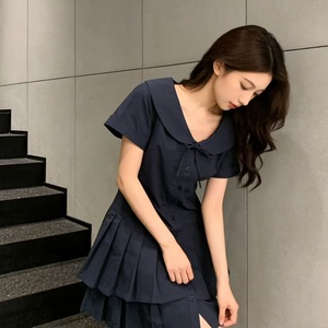 Korean Style Peter Pan Collar Navy Blue Shirt Dress Fitted Waist Slimming Summer Short Sleeve Women's Dress - Product Image 2
