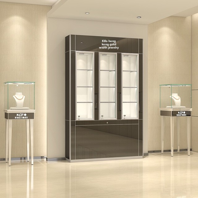 Marble-Look Glass Jewelry & Jade Ware Display Cabinet with Advertising Light Box Back Tall Wall-Side