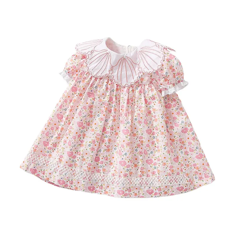 Fabrika doğrudan tedarikçi moda pembe ruffled düz kızlar smock çiçek elbise bebek el yapımı nakış prenses elbise