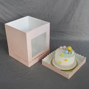 Grande boîte à gâteau en papier d'art avec logo personnalisé 12 Pulgadas pour gâteau de mariage 6 8 10 12 14 pouces de haut Grande boîte à gâteau d'anniversaire rose avec fenêtre