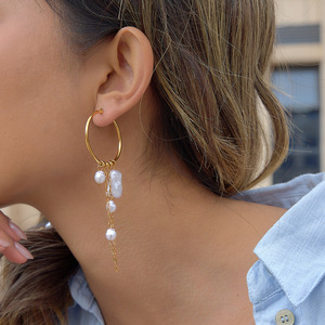 Pearl Tassel Hoop Earrings 18K Gold Stainless Steel Everyday Wear - Product Image 2