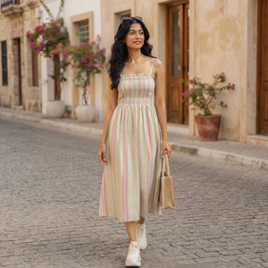Women Striped Cotton Maxi Long <b>Dress</b> With <b>Strap</b> For Women Featuring Lightweight Fabric Modern Style Comfortable Fit For Everyday - Product Image 1