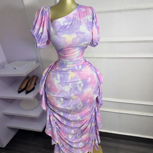 Nouvelles robes élégantes pour femmes à manches bouffantes, col asymétrique, imprimées, à volants, ajustées, tendance - Product Image 2