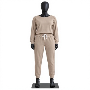 Conjunto Casual de 2 Piezas Tejido para Mujer, Color Sólido, Top de Manga Larga con Pantalones Jogger con Cordón, Transpirable, Corte Holgado, para Todas las Temporadas - Product Image 1