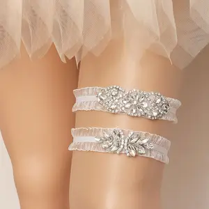 Sexy White Rhinestone Leg Garter Belt 2PCS/Set Exquisite Elastic Lace Wedding Bridal Garter for Women