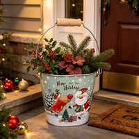 Ember Logam Mini Natal dengan Gagang Kayu, Motif Santa dan Rusa, Wadah Bunga, Pot Tanaman, untuk Taman Dalam & Luar Ruangan, Hadiah Rumah, Liburan