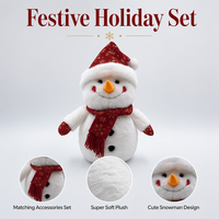 Peluche ultra douce en forme de bonhomme de neige avec chapeau, écharpe et moufles à flocons de neige dorés pour un cadeau de Noël