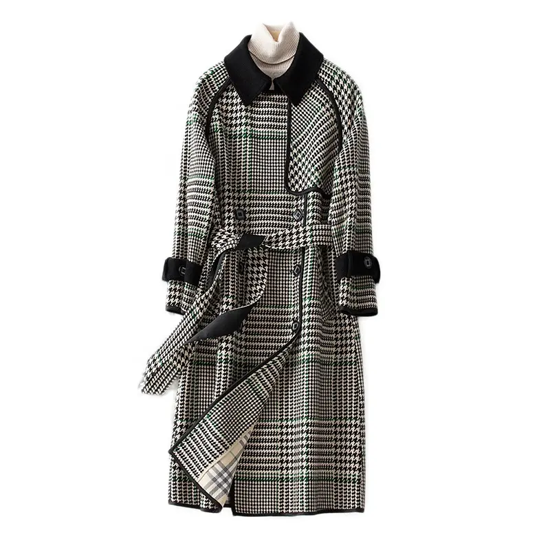 Autumn and Winter Korean Vintage Plaid Wool Knitted Long Coat Double Breasted Long Sleeves Windbreak Jacket Women Tops With Belt