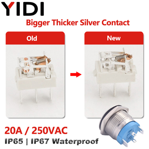 16mm 19mm 22mm 20A 250VAC Interruptor de botón de metal a prueba de agua 2 4 <span class=keywords><strong>6</strong></span> pines Bola plana de enganche momentáneo Botón pulsador LED de cabeza alta - Product Image 5