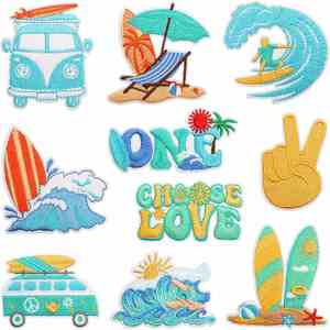 Patch thermocollant brodé style vacances d'été, motif vague de plage et bateau, pour la décoration de vêtements, chapeaux et sacs - Product Image 1