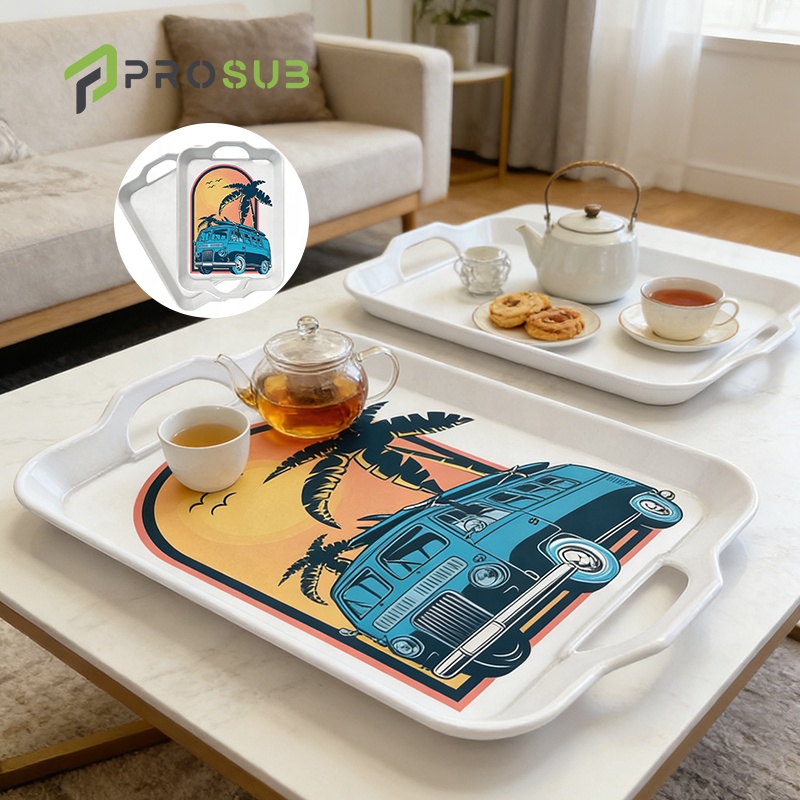 Prosub Customizable Printable White Plastic Blanks Desk Dinnerware Trays With Handles Rectangle Sublimation Serving Tray