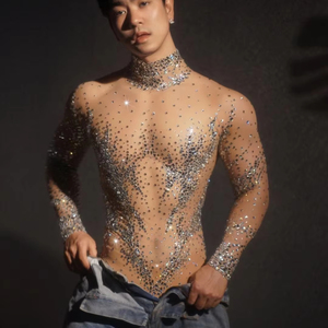 SD002 Luxury Fashion Shinny Crystal Mesh Jumpsuit Sexy One Piece Body <strong>Suit</strong> Custom Men Jumpsuit for <strong>Women</strong> Celebrity Party Wear - Product Image 1