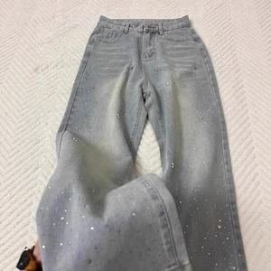 2025 New Arrival Rhinestone <strong>Wide</strong> <strong>Leg</strong> Jeans for Women Light Blue <strong>Sparkly</strong> High Rise Pants Trendy Tummy Control Slim Fit <strong>Trousers</strong> - Product Image 2