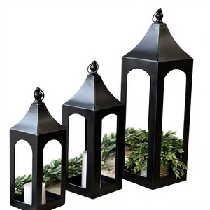 Ensemble de 3 lanternes porte-bougies en fer, résistantes à la chaleur, revêtement noir mat, décoration de table, lanterne décorative en métal, décoration d'événements - Product Image 1