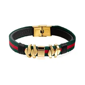 18K Gold Plated Stainless Steel Mens Costume Jewelry Red and Green Color Ribbon Leather Bracelet