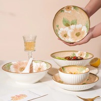 HIXIN Ensemble de 6 pièces de vaisselle en céramique émaillée à motif de camélia japonais vintage, compatible micro-ondes, pour nouilles et usage domestique