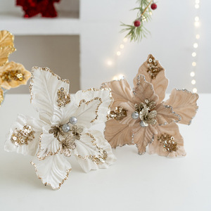 A00842 - Fleurs <span class=keywords><strong>de</strong></span> <span class=keywords><strong>Noël</strong></span> artificielles en velours vert à paillettes Poinsettia - Product Image 2