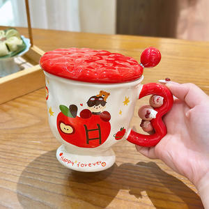 Mug en céramique Apple Girl avec couvercle et cuillère, design mignon de dessin animé, pour café, petit-déjeuner, usage domestique, tasse individuelle - Product Image 1