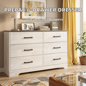 <span class=keywords><strong>Commode</strong></span> double à <span class=keywords><strong>6</strong></span> <span class=keywords><strong>tiroirs</strong></span> Prepac Rustic Ridge Farmhouse en bois blanc délavé pour chambre à coucher, 53,25 de large x 18,25 de profondeur x 28,5 - Product Image 2