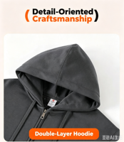 Automne/Hiver Fermeture éclair unie élégante 705 #   Sweat-shirt à capuche double couche en mélange de coton 400g, doublé en polaire, unisexe