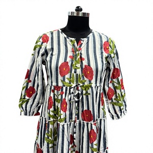 <b>Striped</b> Floral Embroidered Bohemian Maxi <b>Dress</b> 100% Cotton Tiered Breathable Summer ODM <b>Blue</b> <b>White</b> Long Sleeve - Product Image 1