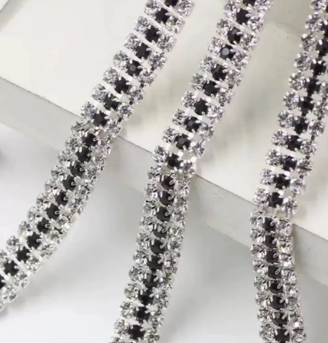 single line of black rhinestone chain for trimming wholesale metal cup chain stones