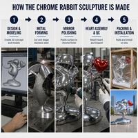 Sculpture d'art métallique en acier inoxydable poli miroir, représentant un lapin de dessin animé tenant un ballon cœur rouge, pour monument de place publique, fabrication sur mesure