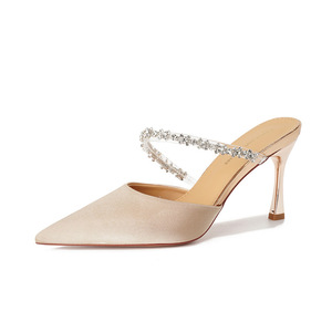 Chaussures de mariée à talon aiguille en satin à bout pointu 8189-2 avec bride en strass, escarpins à talon haut pour femmes - Product Image 5