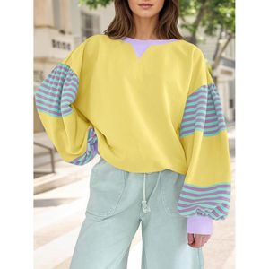 Fisoew Sudadera extragrande con bloques de color para mujer, manga farol, cuello redondo, tops informales para otoño - Product Image 4