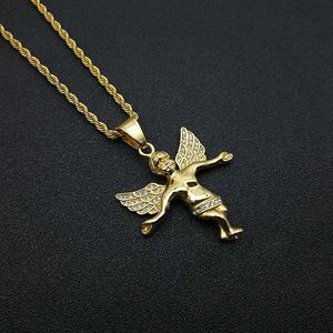 สร้อยคอจี้รูปนางฟ้าฮิปฮอป ชุบทอง พร้อมโซ่สแตนเลสประดับคริสตัลรูปปีก เหมาะสำหรับเป็นของขวัญ - Product Image 4