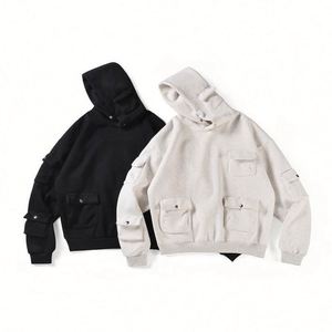 H5545 Fabricant de vêtements en gros, sweats à capuche surdimensionnés personnalisés avec plusieurs poches, sweats à capuche gris vierges à col boutonné - Product Image 1
