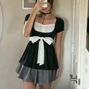 Polka Dot Lace <b>Patchwork</b> T Shirt Women Short Sleeve Tie Up A Line <b>Top</b> Faux Two Piece Style Casual Sweet Versatile Summer Tee - Product Image 3