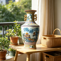 Vase en porcelaine émaillée antique de Jingdezhen, motif paysage coloré, avec doubles anses en forme de dragon, vase en céramique chinoise pour la décoration intérieure