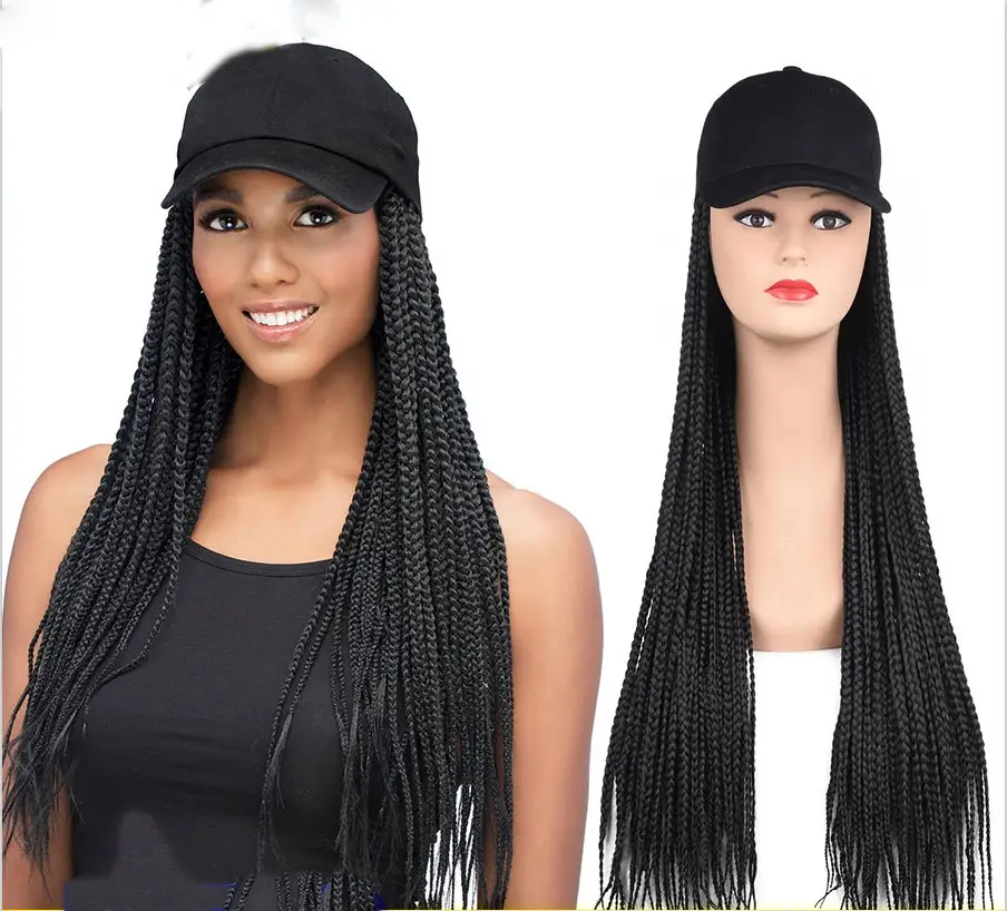 Long Synthetic Baseball hat Wig with Braided Box Braids Wigs For Afro Black Women Daily Wear White Hat Wig Adjustable For Girls