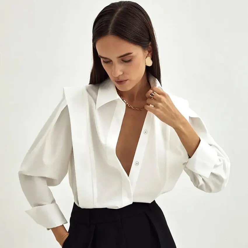 2024 mode solide blanc Blouses femmes coton chemises décontractées Simple élégant à manches longues Blouses chemises surdimensionnées