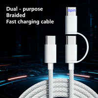 Câble de charge en nylon tressé 2-en-1 60W avec charge rapide 2A USB C vers USB C/L pour Apple Android pour téléphones mobiles