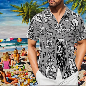 Chemise Hawaïenne Gothique Homme à Imprimé Crâne, Manches Courtes, Décontractée, Été, Respirante, 100% Polyester Popeline, Col Rabattu - Product Image 2