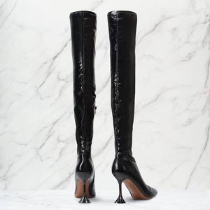 Горячая Распродажа, зимние розовые сапоги Enmayer из лакированной кожи, оптовая продажа, под заказ, с острым носком, на прозрачном каблуке, сапоги до бедра, сексуальные сапоги до колена - Product Image 5