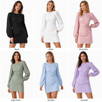 Robe Courte Blanche Femme 100% Nylon Col Rond Manches Bouffantes Froncées sur les Côtés Élégante Robe de Soirée Vente en Gros Automne/Hiver 2026