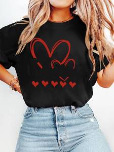 T-Shirt da Donna per San Valentino, Manica Corta, Collo Tondo, Stampa Doppio Cuore Rosso, 100% Cotone, Stile Vintage, Vestibilità Comoda e Ampia - Product Image 1