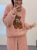 Pyjama d'hiver thermique en flanelle pour femme, 100 % polyester 220g, uni, ODM, avec cordon de serrage, col lisse, tricot doux, motif animalier de dessin animé