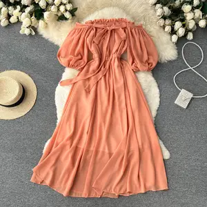 10% OFF Free size one word neck strapless tube top chiffon dress Bali seaside resort style beach skirt swing dress