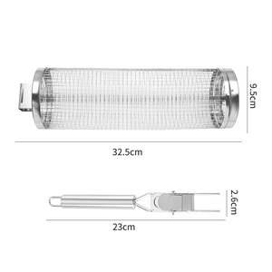 Cesta giratoria para asar, paquete de 2, de acero inoxidable 304, cesta cilíndrica para barbacoa con mango de madera extraíble, red de <span class=keywords><strong>asador</strong></span> apilable, OEM - Product Image 5