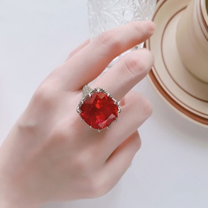 Fashion Jewelry Eco-friendly Copper Big 16*16mm Red Corundum Zircon Finger <b>Adjustable</b> <b>Rings</b> for Women Premium Daily Wear - Product Image 6